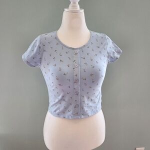 Rebellious Dreamer Junior Size Large Blue Fitted Crop Top with Button Accent